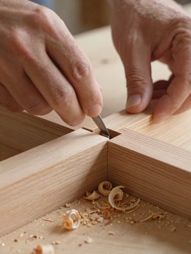 Close-up of a master joiner's hands chiseling a mortise and tenon joint in light oak, fine wood shavings, soft side daylight, 35mm