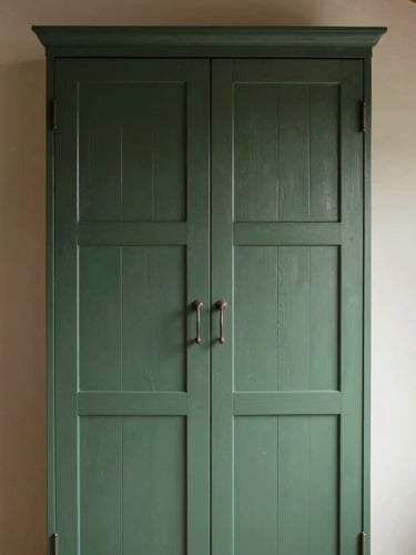 Straight-on architectural shot of a tall in-frame larder cabinet in a barn conversion, hand-painted in deep forest green, soft natural daylight highlighting the timber grain.