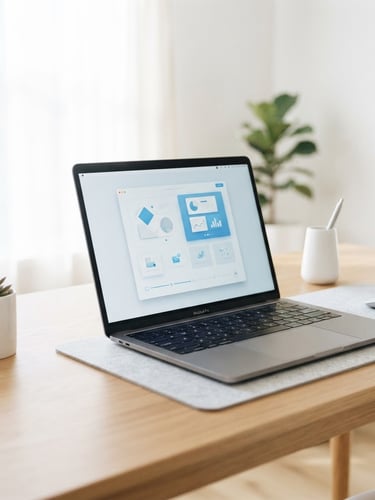 Bright high-key minimalist workspace with a modern laptop showing clean tutorial interfaces, soft diffused morning daylight, shallow depth of field
