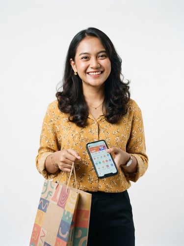 A smiling Indonesian woman holding a shopping bag and her smartphone, bright high-key lighting, clean neutral studio backdrop, crisp natural light, 35mm