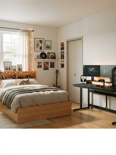 Medium environmental shot of a modern teen bedroom with a matte black steel gaming desk, integrated cable routing, and a warm birch storage bed frame under bright natural window light with a soft amber LED glow, 35mm