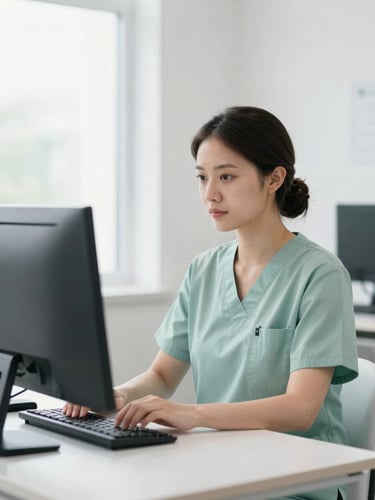 A professional doctor in a light sage green scrub top, working focused on a modern desktop computer in a bright, clean office, soft natural daylight.