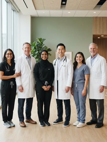 Approachable medical team standing together in a bright, modern clinic lobby with soft sage green accents, diffused natural daylight, professional editorial photography style