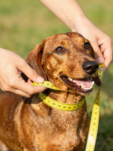 Close-up of hands gently measuring a happy dachshund with a soft yellow tape measure, warm golden hour light, shallow depth of field, vibrant colors