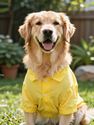 Eye-level portrait of a happy Golden Retriever wearing a vibrant handmade yellow beach shirt, sitting in a sunlit garden, bright natural daylight, 35mm lens