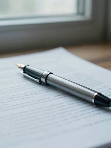 A close-up photograph of a vintage fountain pen resting on printed scientific manuscript pages, soft natural library window light, shallow depth of field, 35mm