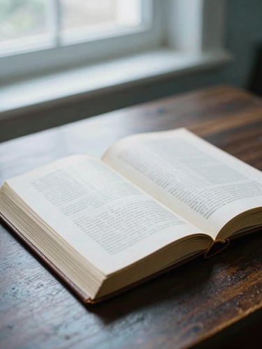 Cool editorial photography of a vintage leather-bound scientific journal lying open on a dark oak library table, soft natural window light, 35mm