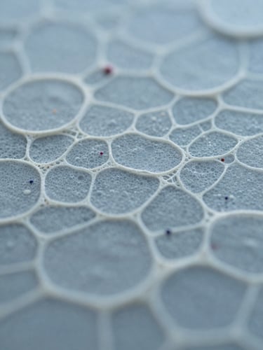 Close-up of high-resolution scientific microscopy showing structured cellular patterns in cool diffused laboratory light, muted blues, 35mm