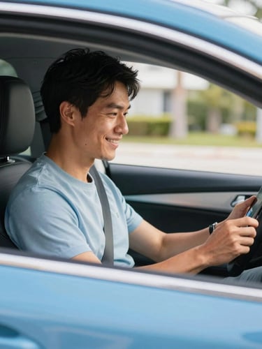 A driver smiling while looking at a tablet inside a modern car parked in bright Florida daylight, clean focus