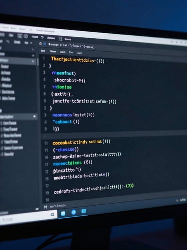 Extreme close-up of a clean dark IDE code editor on a monitor, sharp focus on lines of modern TypeScript, deep shadows, cool-toned blue studio lighting, cinematic.