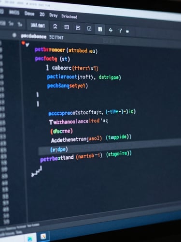 Extreme close-up of a clean IDE interface showing structured backend code on a dark monitor, dramatic cool-toned blue light casting sharp shadows, high focus.