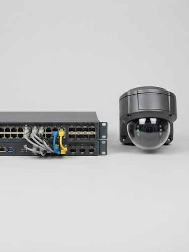 Straight-on product shot of a high-performance enterprise network switch and security camera, clean high-key studio lighting, seamless light gray background, 50mm lens