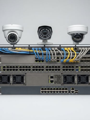 Straight-on studio shot of professional enterprise networking switches and security cameras on a seamless light gray background, high-key lighting, crisp technical details