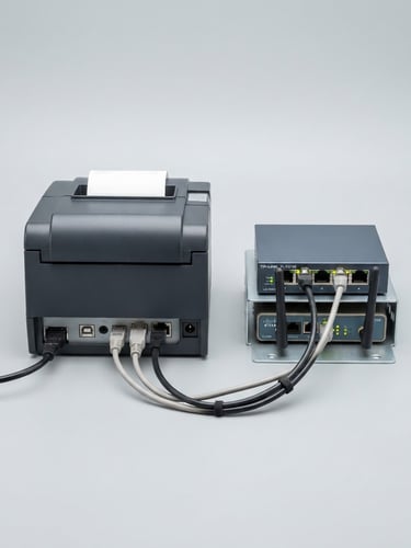 Crisp technical receipt printer and network equipment on a clean light gray background, bright high-key studio lighting, 50mm lens