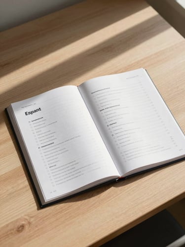 Editorial flat-lay of a minimalist Spanish grammar workbook open on a clean wooden desk, bright natural morning light, soft shadows, no people.