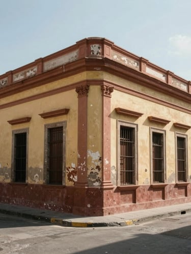 Wide angle editorial photograph of a sunny historic street corner in San Telmo, Buenos Aires, with colorful faded architecture, natural daylight, soft shadows.