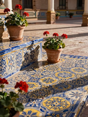 Wide environmental shot of a traditional tiled patio in Seville, vibrant blue and yellow ceramic patterns, potted geraniums, soft afternoon shadow