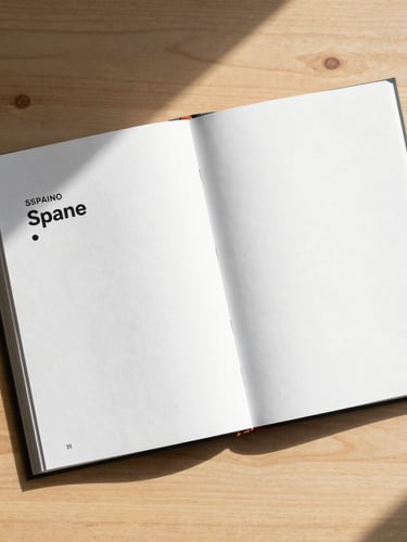 An overhead flat-lay of a minimalist Spanish textbook and open notebook on a bright wooden desk, soft natural morning light casting realistic shadows.