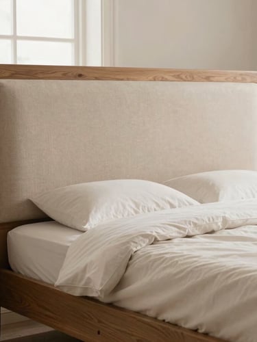 Warm editorial photography of a styled bedroom with a custom wooden bed frame and upholstered headboard, soft natural light, clean neutral tones, shallow depth of field