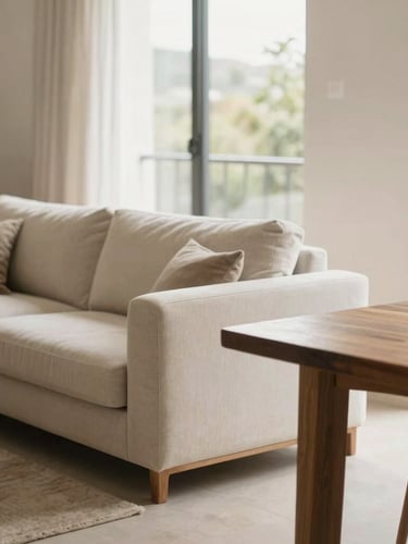 Warm editorial photography of a modern apartment living room in Mexico, bright natural window light, featuring a minimalist custom fabric sofa and solid wood dining table, 35mm