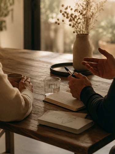 Een stel zit aan een houten tafel en voert een diepgaand gesprek onder het genot van een kop koffie,