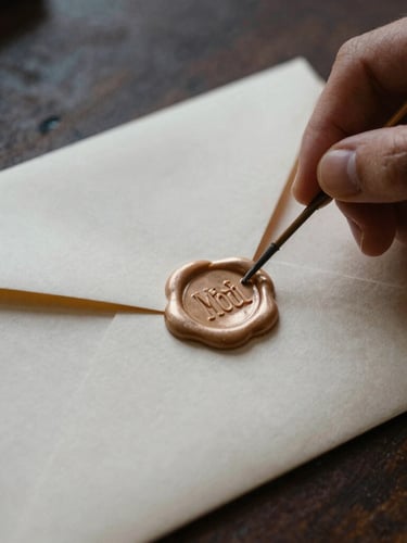 Moody editorial close-up of a hand sealing a heavy textured paper envelope with warm champagne wax, soft dark shadows, natural ambient light