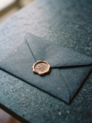 Moody editorial photography, soft natural ambient light, close-up of an elegant sealed charcoal envelope with a wax seal on a dark stone table, warm champagne highlights, 35mm film style.