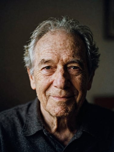 Cinematic portrait of an elderly person smiling softly, warm champagne light illuminating their face, deep charcoal background, 35mm film style
