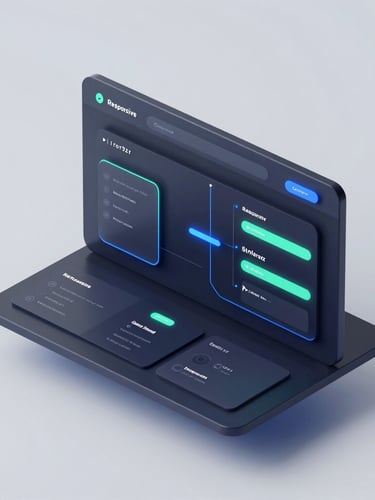 Isometric 3D render of a sleek, dark-mode responsive website interface, glowing electric blue and mint green accent lines, clean studio lighting, high-fidelity UI mockup on a floating digital canvas