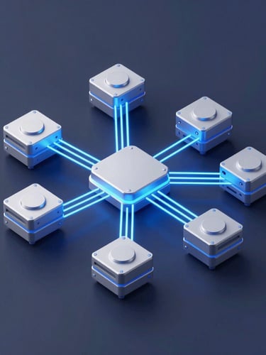 Crisp isometric UI mockup of high-speed server nodes with glowing electric blue connection lines on a deep slate background, clean studio lighting, 8k