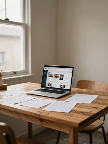 Wide shot of a small UMKM workspace — a simple wooden table with a laptop showing an online store dashboard, scattered handwritten order notes, under warm natural light from a side window, slightly left-of-center framing with empty negative space on the right