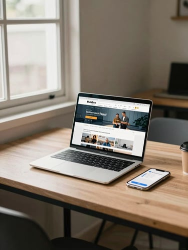 Wide environmental shot of a simple Indonesian UMKM workspace — a desk with a laptop open showing a WordPress website dashboard, a phone nearby with an order notification, natural side light from a window, minimal clutter, calm productive atmosphere