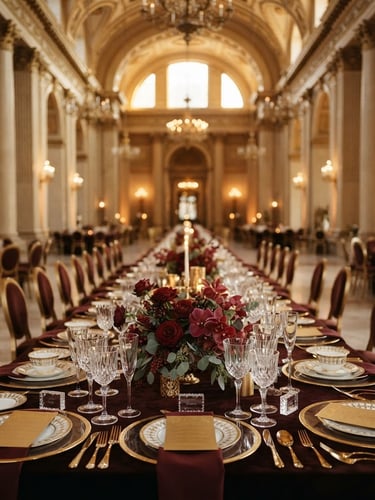 Wide shot of a grand banquet hall, meticulously set table with gold accents, warm ambient lighting, shallow depth of field, empty, regal editorial luxury, 35mm