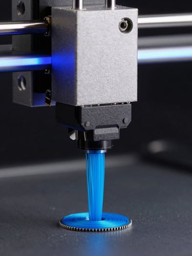 Macro shot of a 3D printer nozzle extruding electric blue filament with micron-level precision, cool blue LED edge-lighting, dark background, sharp focus
