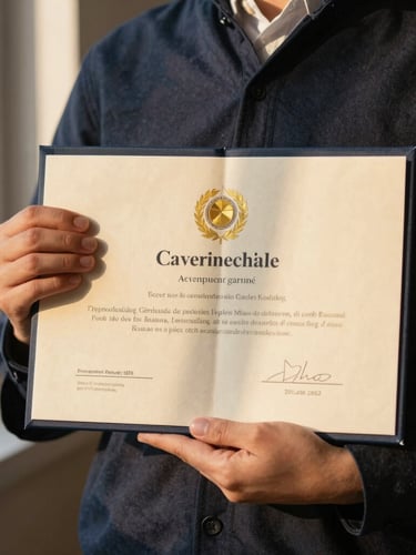 Close-up of a student holding an academic certificate, soft golden-hour lighting, high contrast.