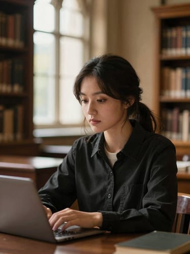 A determined female student studying in a historic university library, soft warm window light highlighting her face, shallow depth of field.