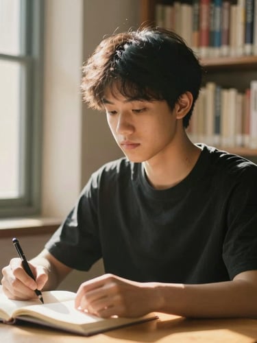 A focused young man writing in a notebook while studying in a library with natural light.