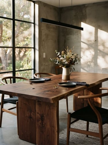 Warm architectural photography, soft afternoon window light, a solid walnut dining table in a minimalist modern dining room, concrete walls, medium format film, deep shadows