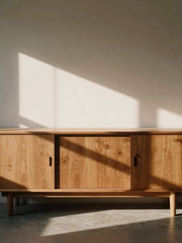 A minimalist solid oak sideboard styled in a warm sunlit living room, low-angle afternoon sun casting graphic shadows on the wall, medium format film