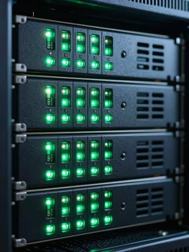 Tight macro crop of physical server racks with blinking green LED lights, dark technical environment, cool blue undertones