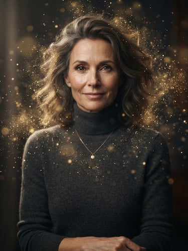 Hyper-realistic studio portrait of a sophisticated person surrounded by floating golden light particles, elegant neutral tones, 85mm portrait lens, cinematic lighting
