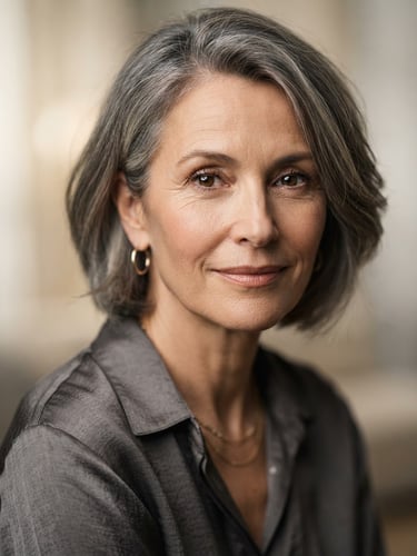 Medium close-up portrait of an elegant woman, soft cinematic key light, shallow depth of field, elegant neutral tones, 85mm portrait lens.