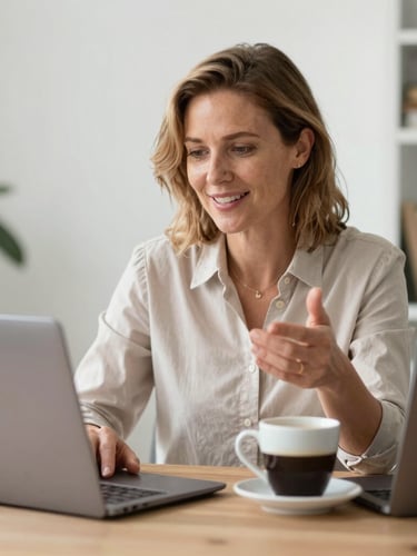 Wide environmental shot of a real agency workspace — two women at a large table covered in printed campaign briefs and sticky notes, one pointing at a laptop screen showing a live ad dashboard, the other taking notes on a notepad, natural daylight flooding in from tall windows on the left, shelves of equipment visible in the background, shot from a slight elevated angle to show the full desk setup