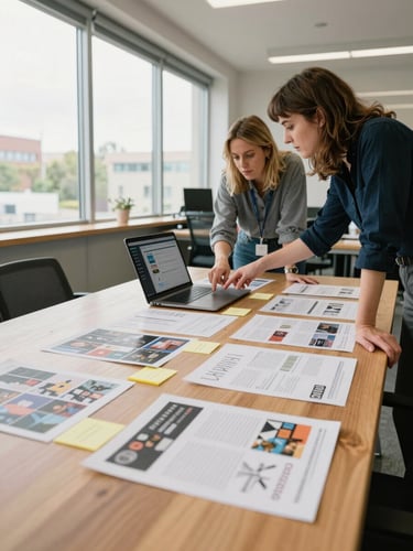 Wide environmental shot of a bright agency workspace — two women leaning over a large wooden table covered in printed campaign briefs and sticky notes, one pointing at a laptop screen showing a live social ad dashboard, natural daylight flooding in from large windows to the left, warm and documentary in feel, no text visible on screens