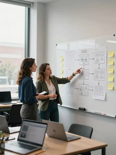 Wide environmental shot of an agency workspace, two women standing at a large whiteboard covered in campaign channel diagrams and sticky notes, natural daylight from tall windows, one woman pointing at the board mid-discussion, laptops open on a nearby table