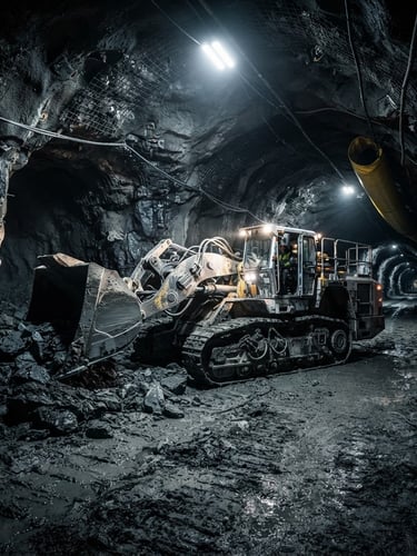 Wide panoramic of a heavy mining machine in an underground tunnel, tracking hardware visible, high-contrast industrial lighting, cool steel and dark slate tones, sharp focus.