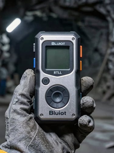 Close-up of a Bluiot ruggedized RTLS device, held by a gloved hand in a mining environment, moody lighting, sharp focus.