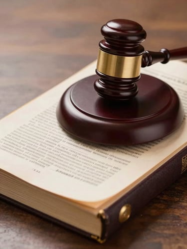 Dignified close-up of a legal gavel resting on a leather-bound copy of the Constitution of India, warm side lighting, professional studio setting.