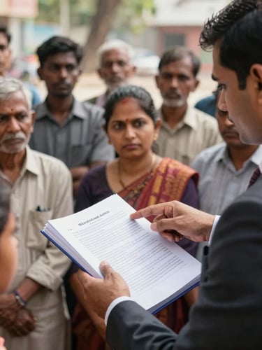 A close-up of a legal literacy camp in semi-urban India, an advocate in professional attire pointing to a constitutional handbook, attentive local community members listening, bright natural daylight.