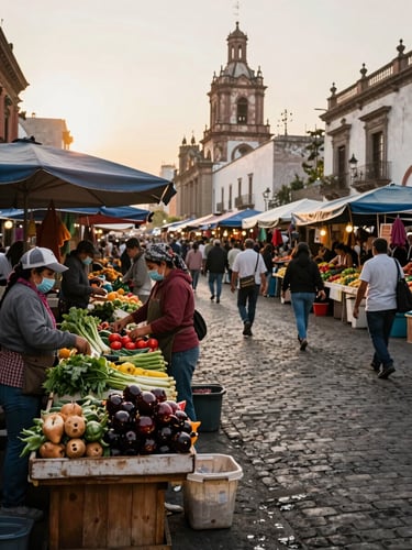 Wide street market in Mexico City, vendors arranging fresh produce at wooden stalls under natural morning light, cobblestone street stretching into background, mid-activity shoppers visible, warm golden daylight from the left side